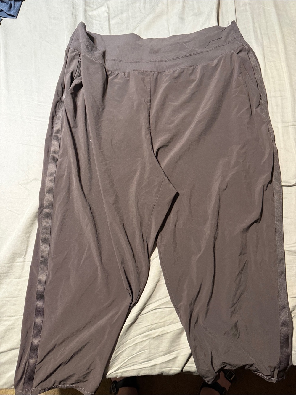 Athleta Women's Track Joggers in Dusty Taupe with Side Satin Stripe